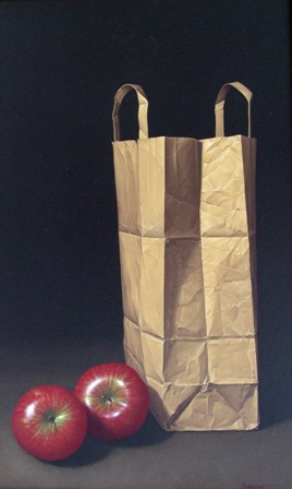 &quot;Bolsa y manzanas&quot;, óleo s / tela, 55 x 33 cm.